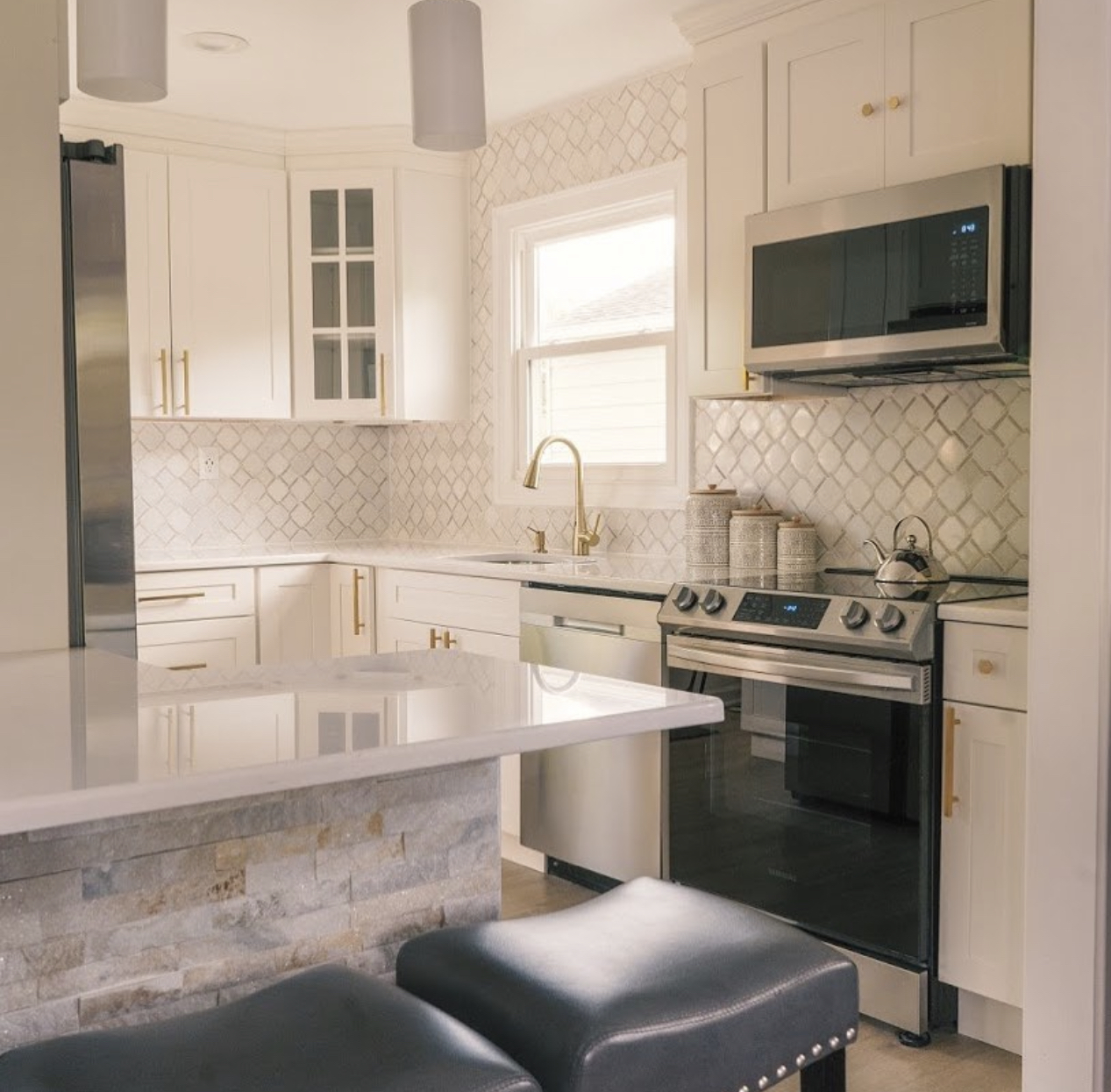 Compact White Kitchen with Brass Accents — completed